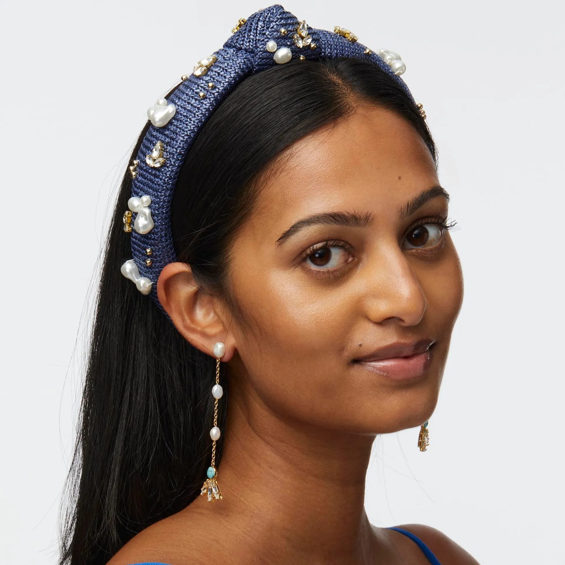 AEGEAN BLUE SLIM KNOTTED RAFFIA OASIS EMBELLISHED HEADBAND