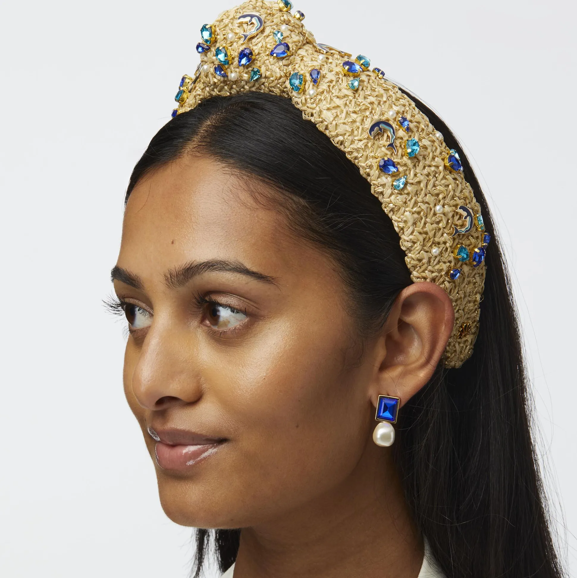 AZURE RAFFIA KNOTTED DOLPHIN EMBELLISHED HEADBAND