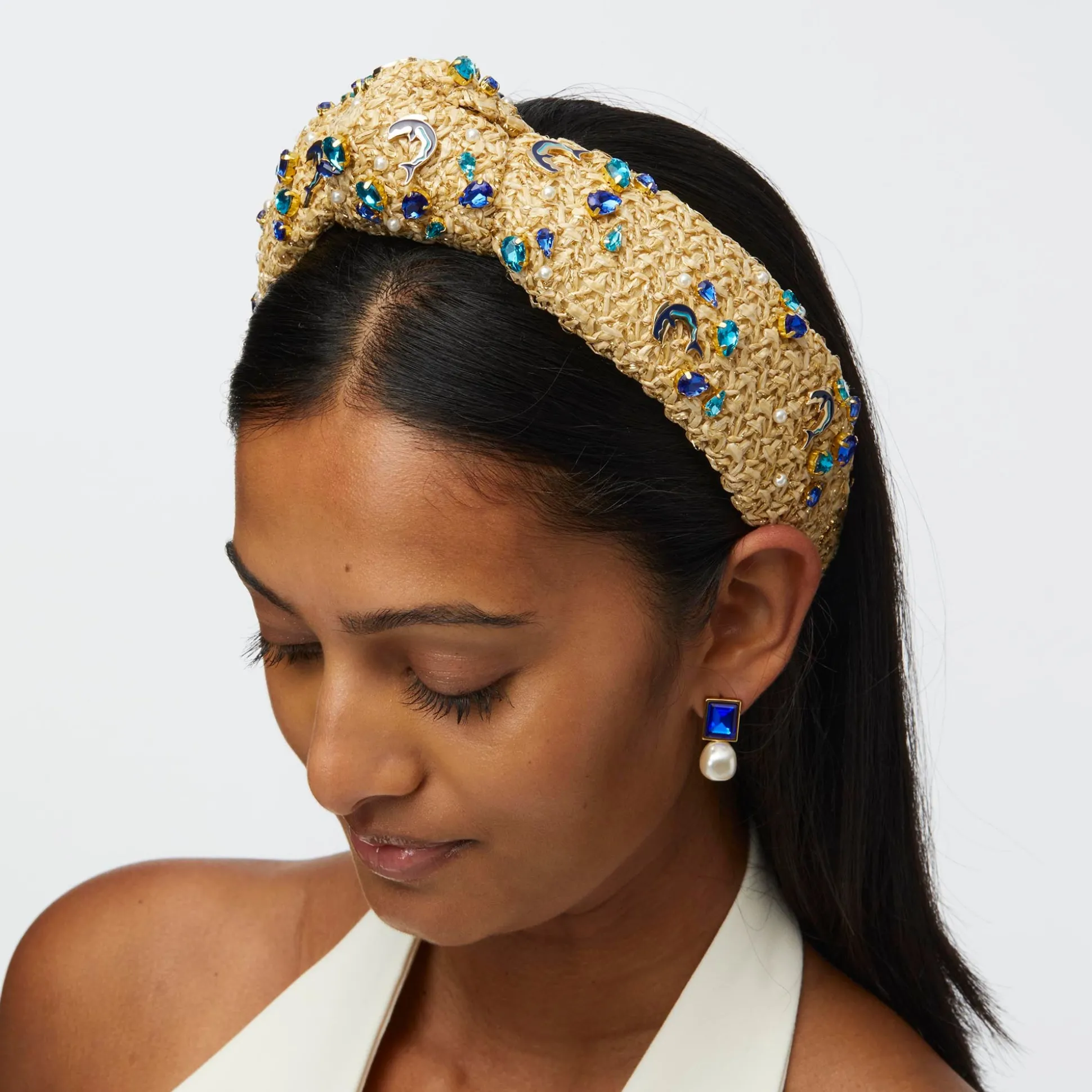 AZURE RAFFIA KNOTTED DOLPHIN EMBELLISHED HEADBAND