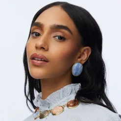 BLUE LACE AGATE REFLECTION BUTTON EARRINGS
