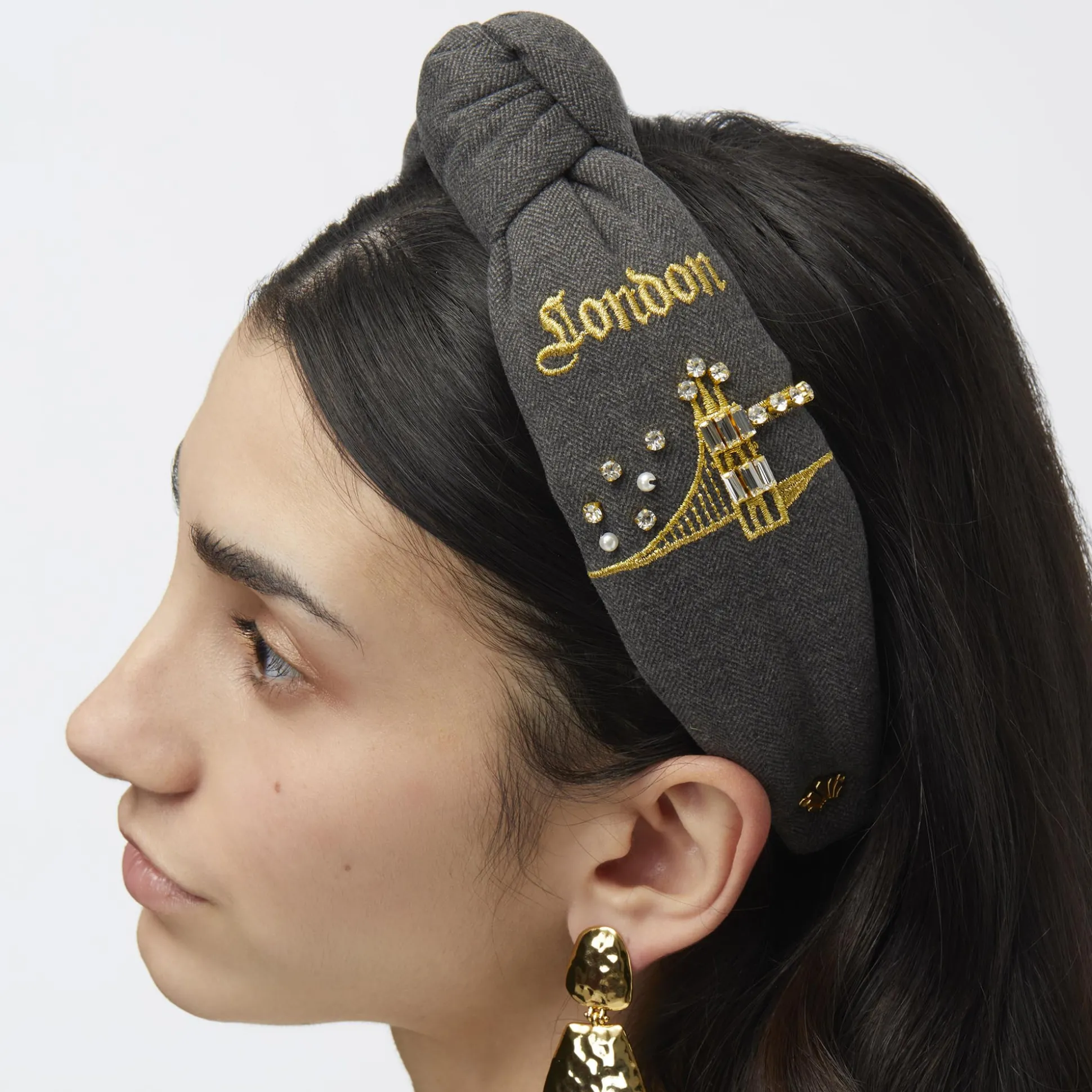 CHARCOAL HERRINGBONE LONDON KNOTTED HEADBAND