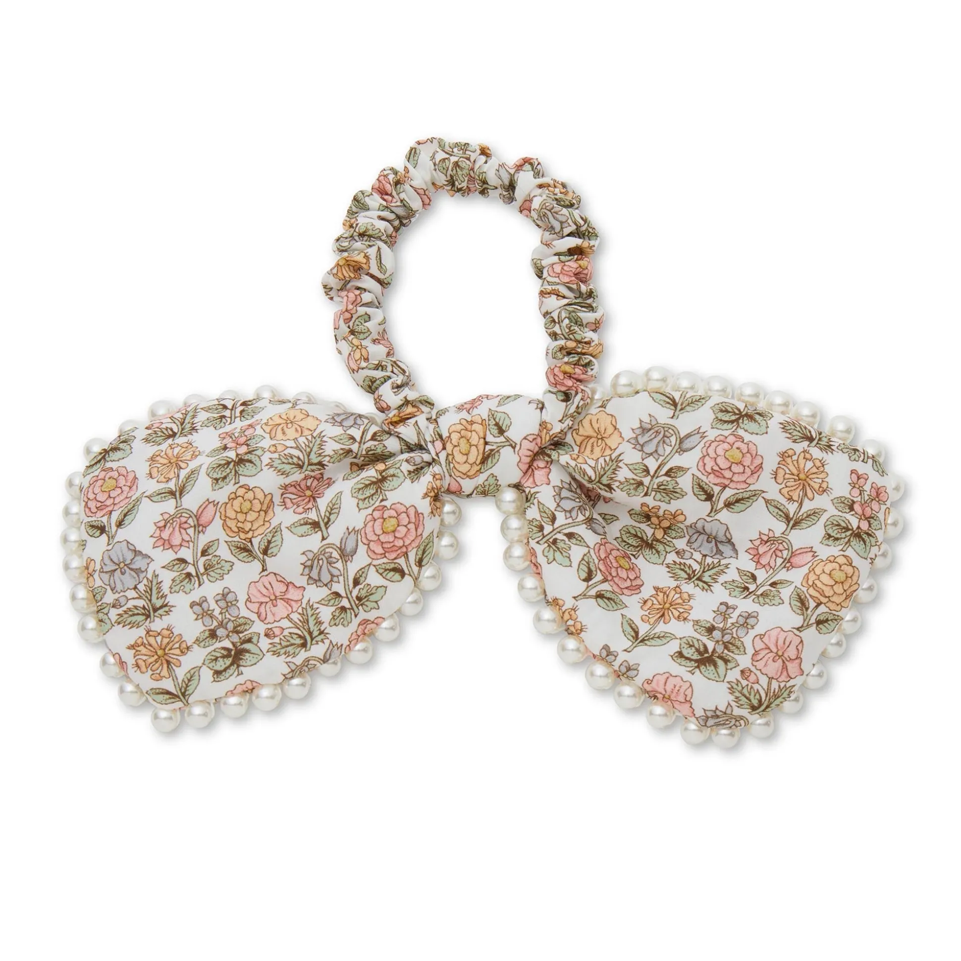 DAVALIA FLOWERS PENNY LIBERTY PEARL TRIM BOW SCRUNCHIE