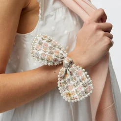 DAVALIA FLOWERS PENNY LIBERTY PEARL TRIM BOW SCRUNCHIE