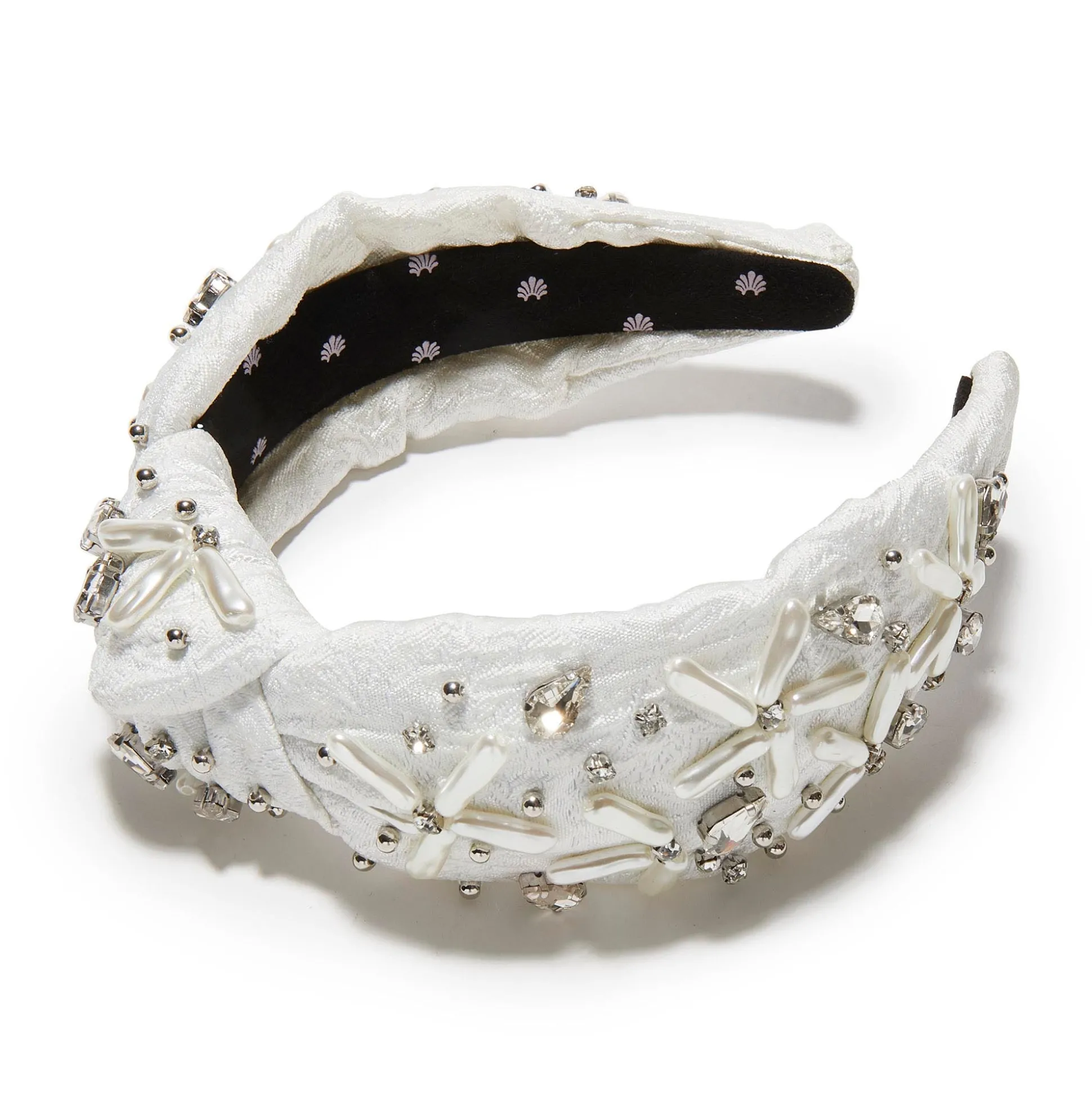 DOVE WHITE KNOTTED PEARL FLORAL BROCADE HEADBAND