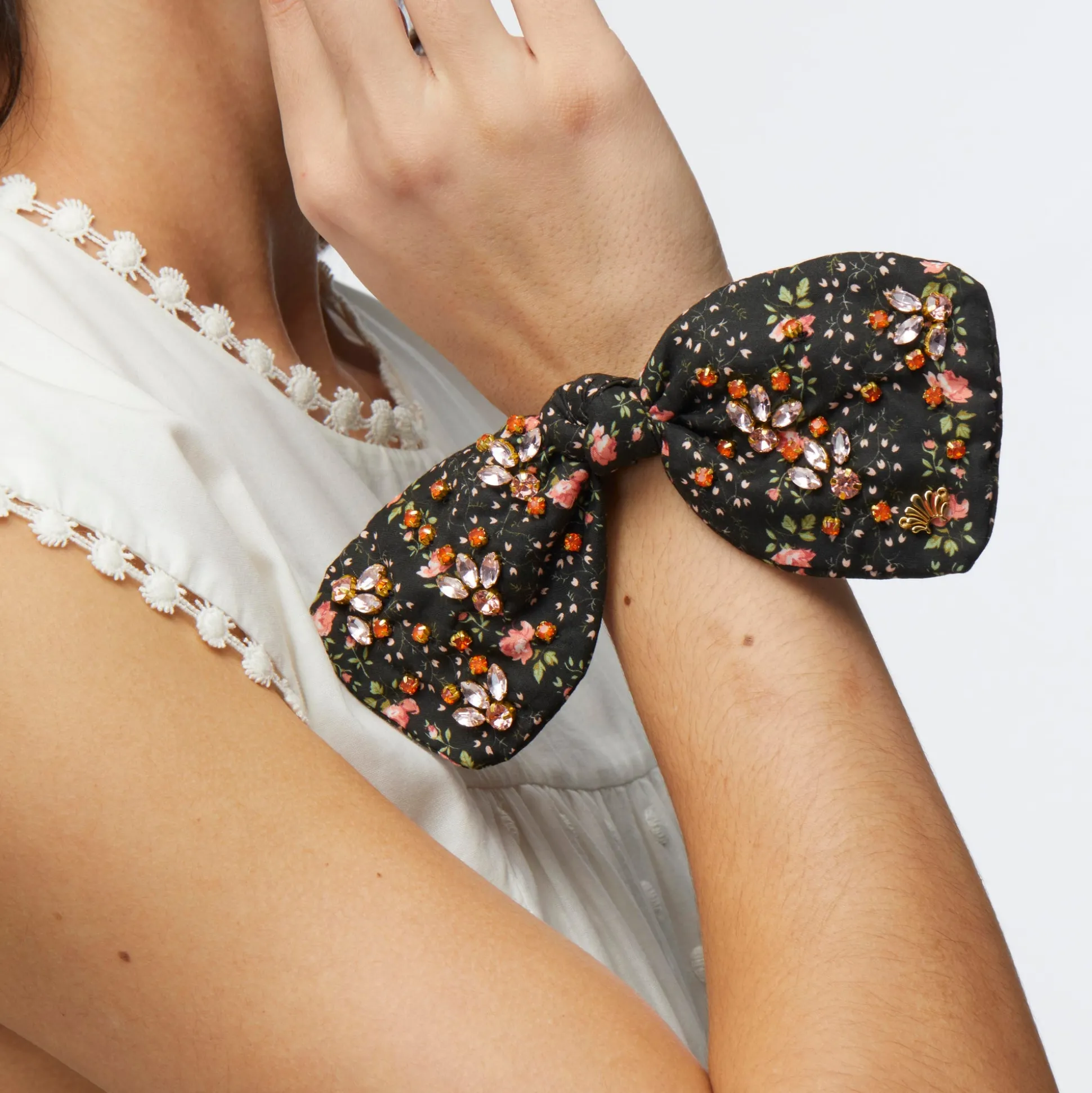 EVIE STRIPE PENNY LIBERTY FLORAL EMBELLISHED BOW SCRUNCHIE