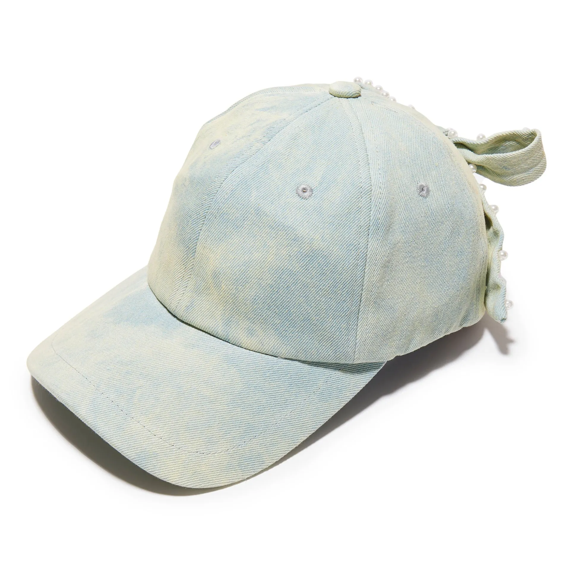 FADED DENIM BOW EMBELLISHED DENIM BASEBALL CAP