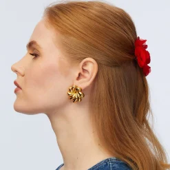 GOLD PINWHEEL FLOWER BUTTON EARRINGS