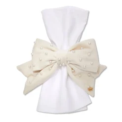 IVORY SET OF 4 VELVET PEARL BOW NAPKIN RINGS
