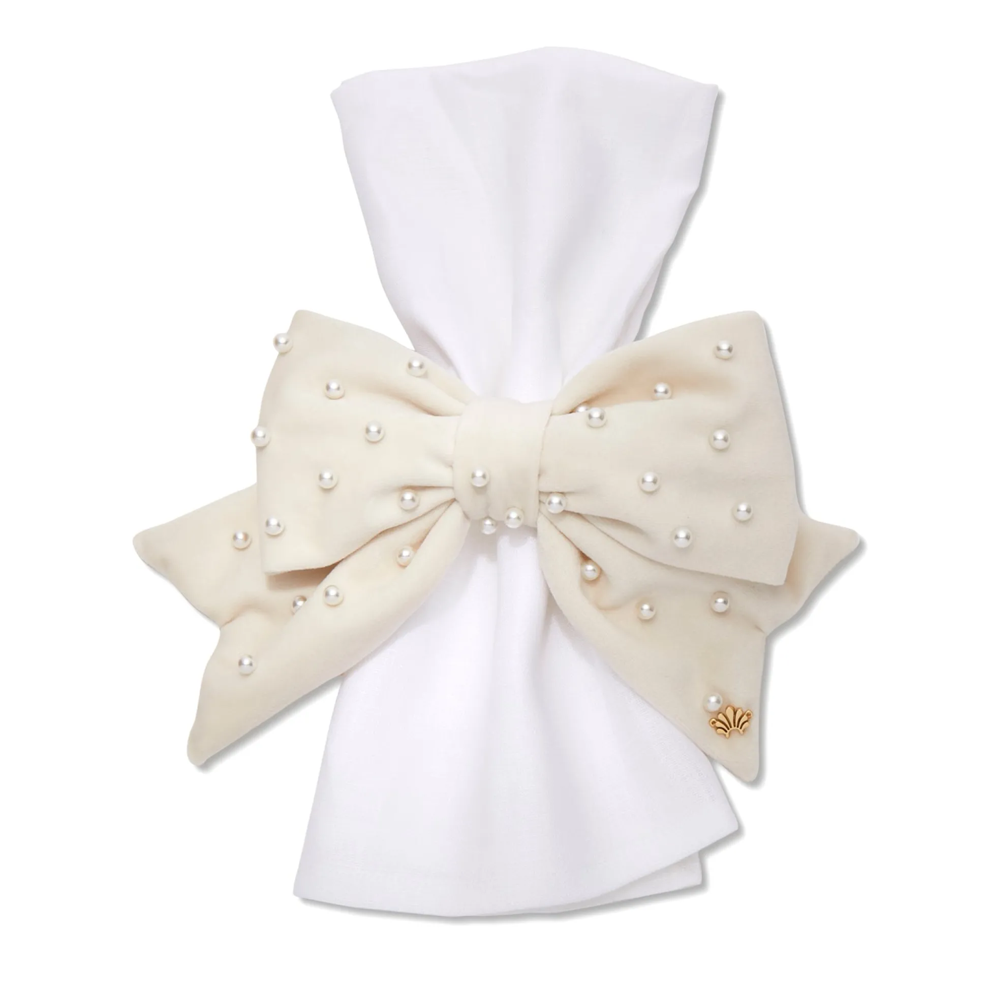 IVORY SET OF 4 VELVET PEARL BOW NAPKIN RINGS