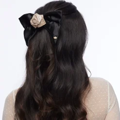 JET CRYSTAL PAVE ROSE BOW BARRETTE