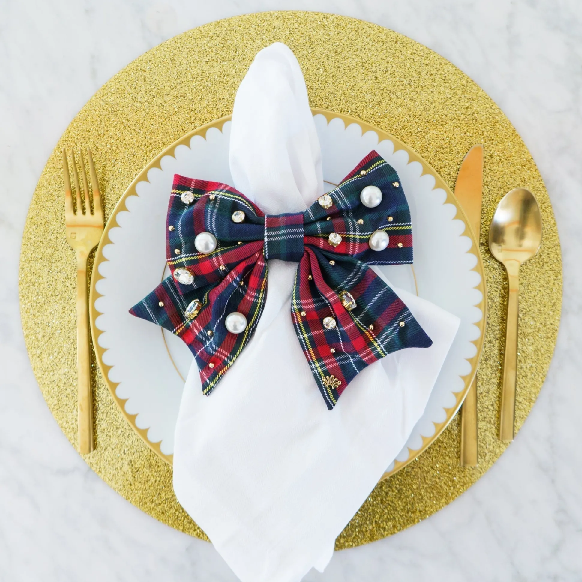 MIDNIGHT PLAID SET OF 4 EMBELLISHED PLAID BOW NAPKIN RINGS