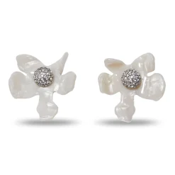 MOTHER OF PEARL CRYSTAL LILY BUTTON EARRINGS