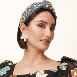 MOTHER OF PEARL CRYSTAL LILY BUTTON EARRINGS