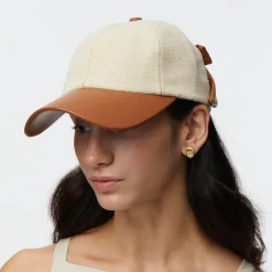 NATURAL FAUX LEATHER CANVAS BASEBALL CAP