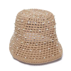 NATURAL OPEN WEAVE PEARL BUCKET HAT