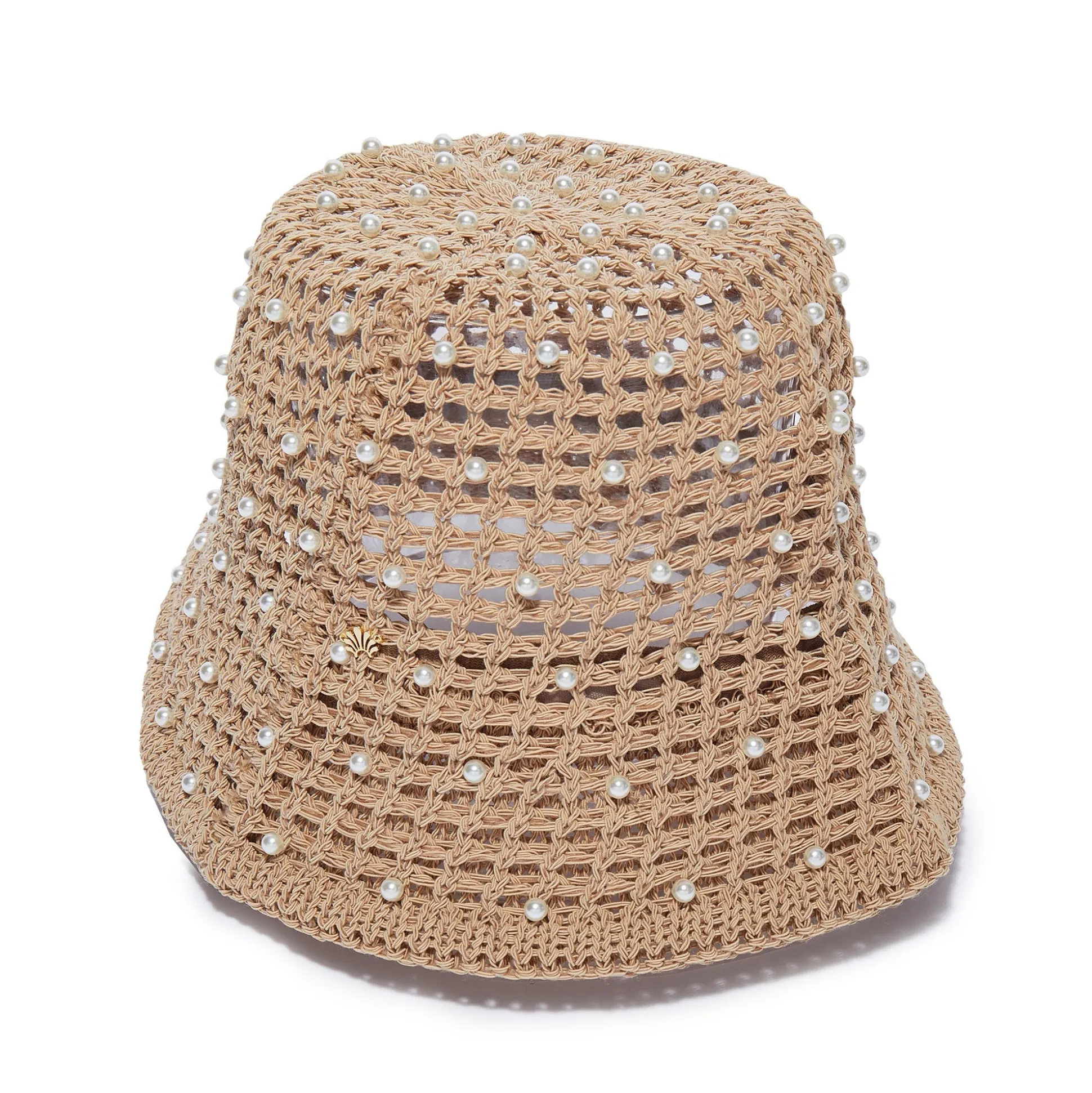 NATURAL OPEN WEAVE PEARL BUCKET HAT