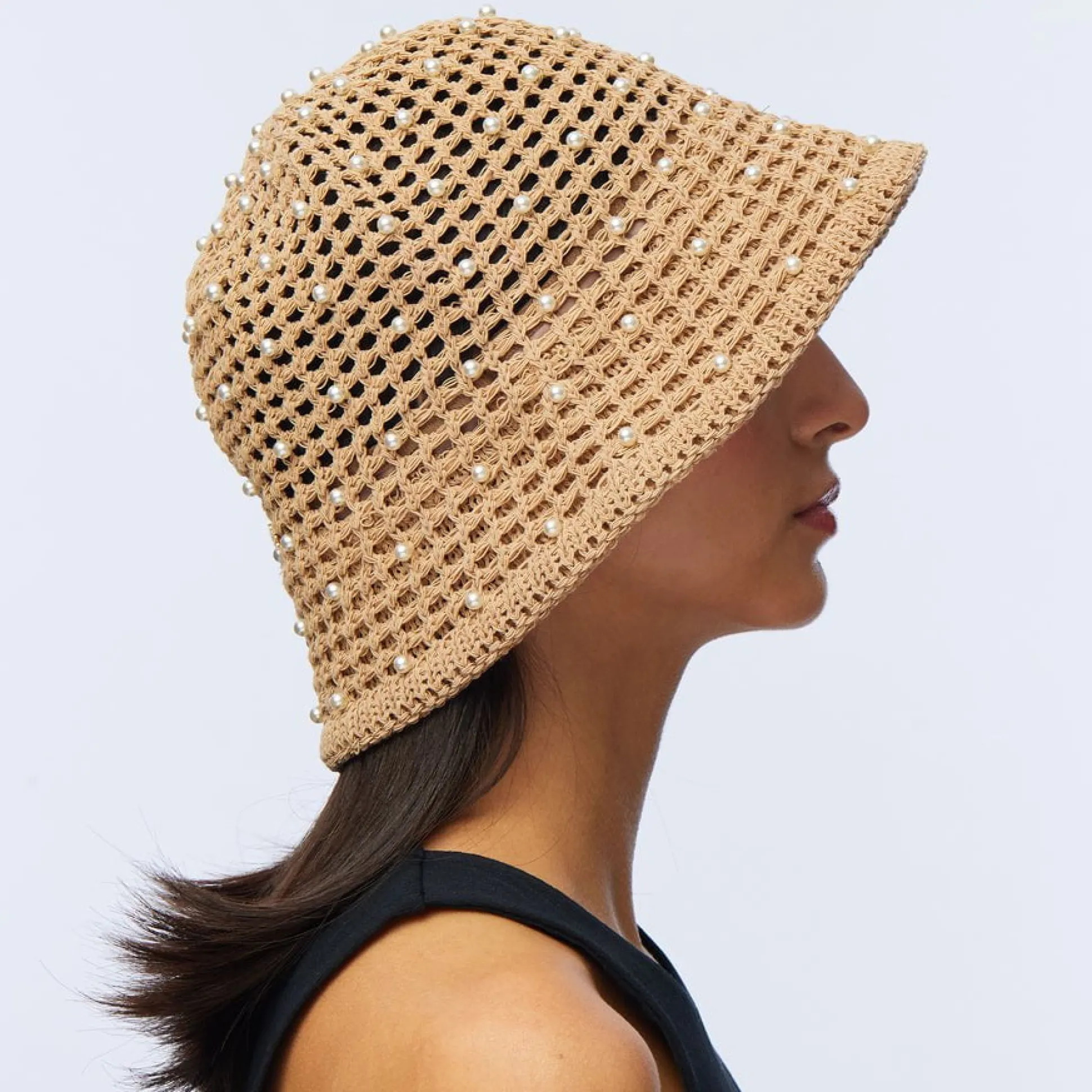 NATURAL OPEN WEAVE PEARL BUCKET HAT