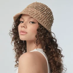 NATURAL OPEN WEAVE PEARL BUCKET HAT
