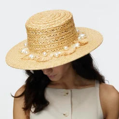 NATURAL PEARL POMS STRAW HAT