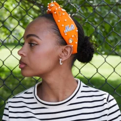 NY METS LELE SADOUGHI / MLB ORANGE EMBELLISHED KNOTTED HEADBAND