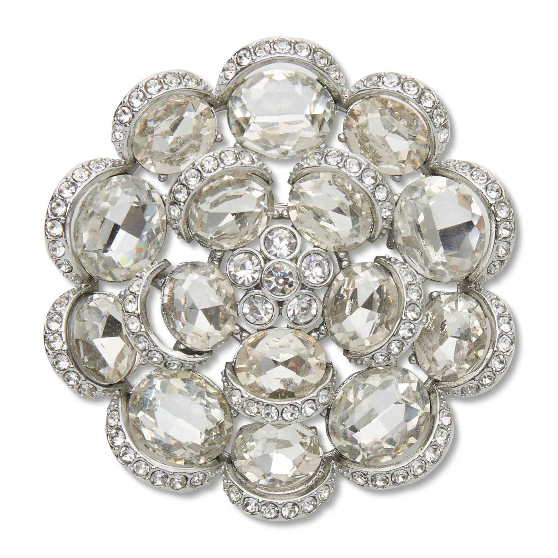 SHINY SILVER CRYSTAL ROSE BROOCH